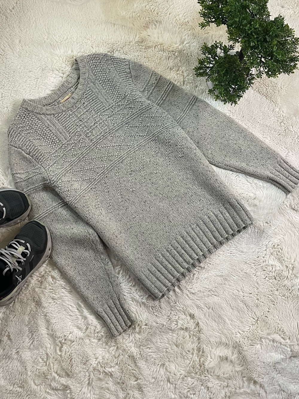 Levi's Premium Wool Blend Cable Knit Tweed Crewneck Sweater Oatmeal Gray Mens L